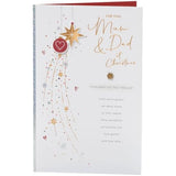 Christmas greeting card for mum and dad featuring festive baubles foil design, with cheerful holiday imagery.