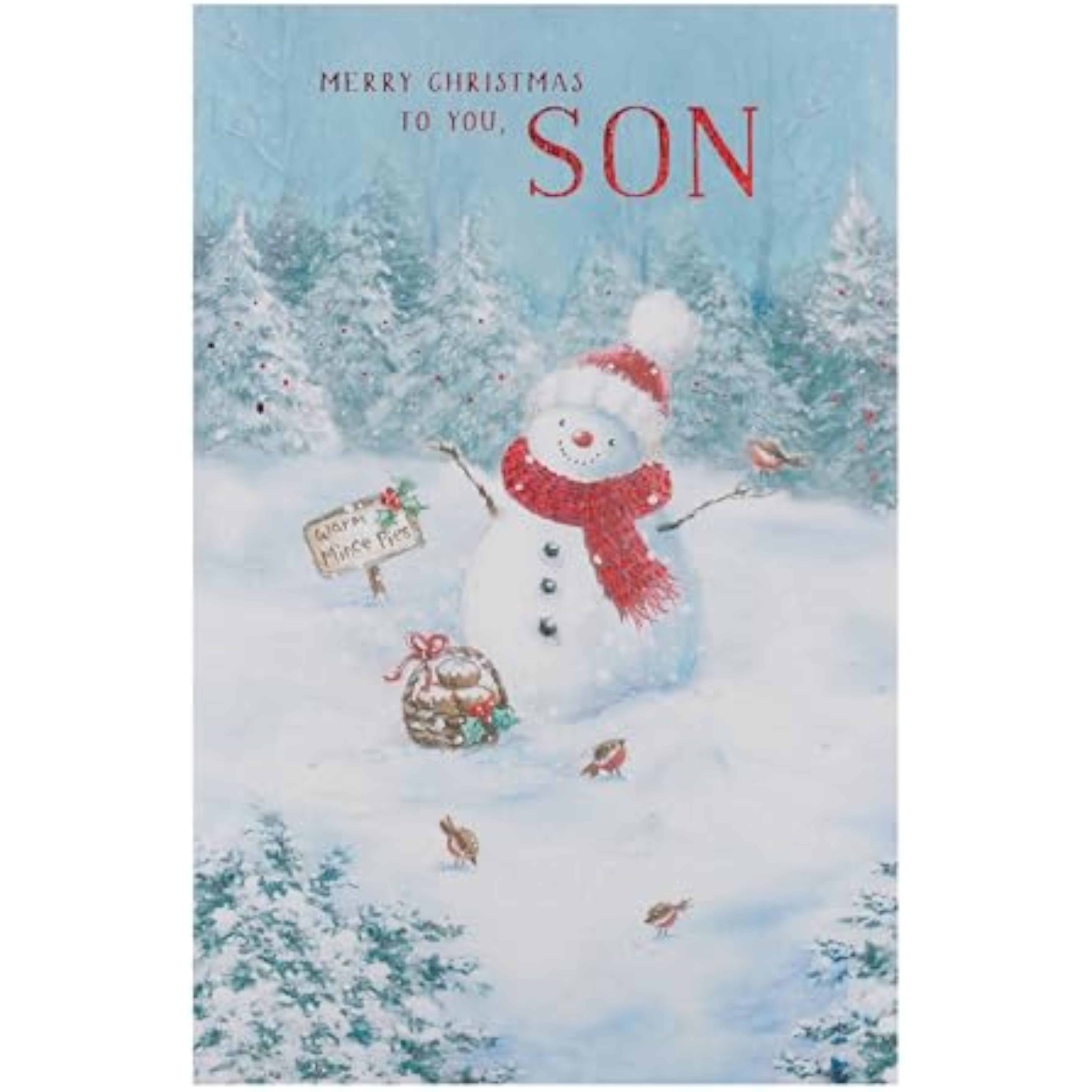 Christmas greeting card for son featuring a snowman design, UKG branded festive holiday greeting card with winter imagery.
