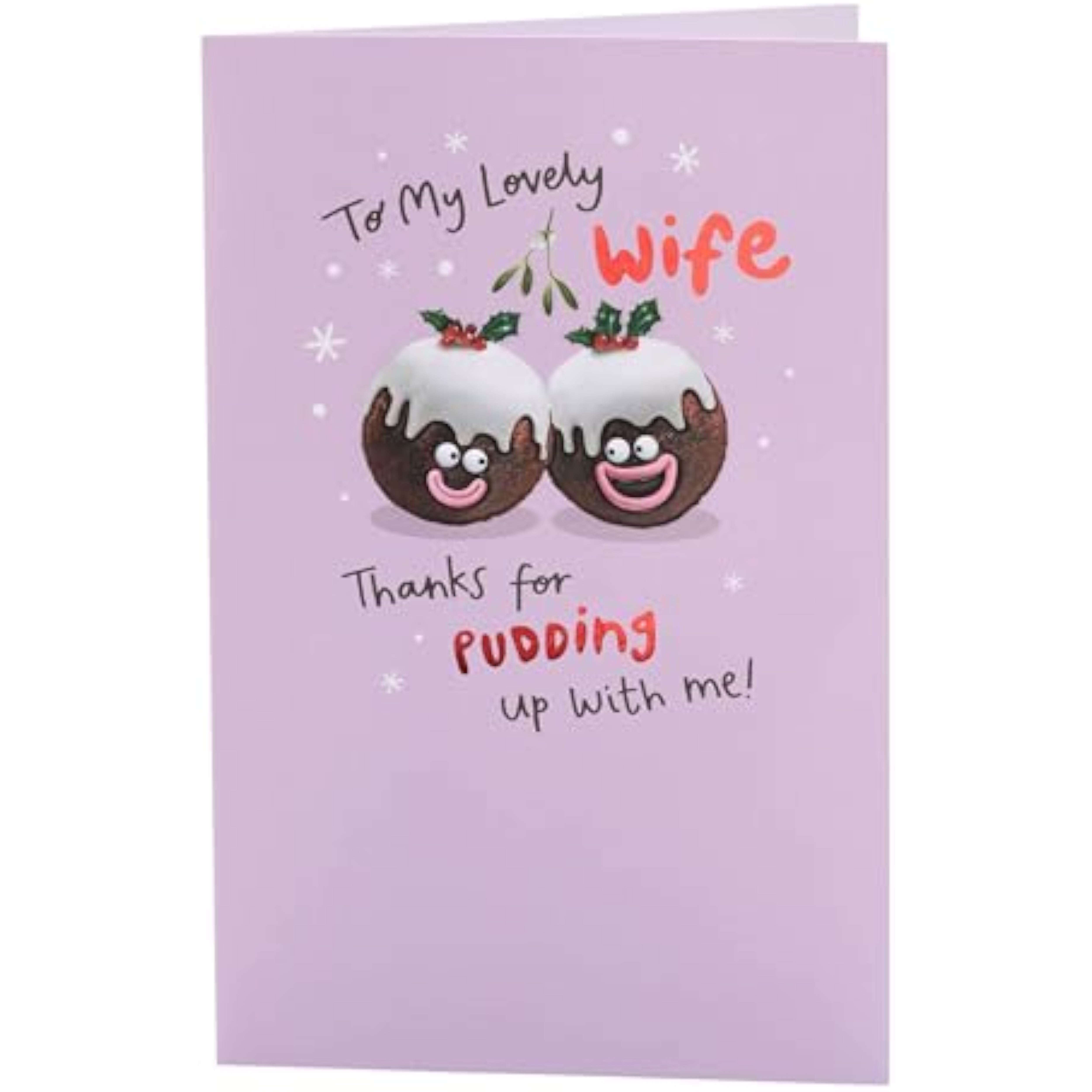 Christmas greeting card for wife featuring fun pudding designs and witty message, UKG brand, perfect for holiday cheer.