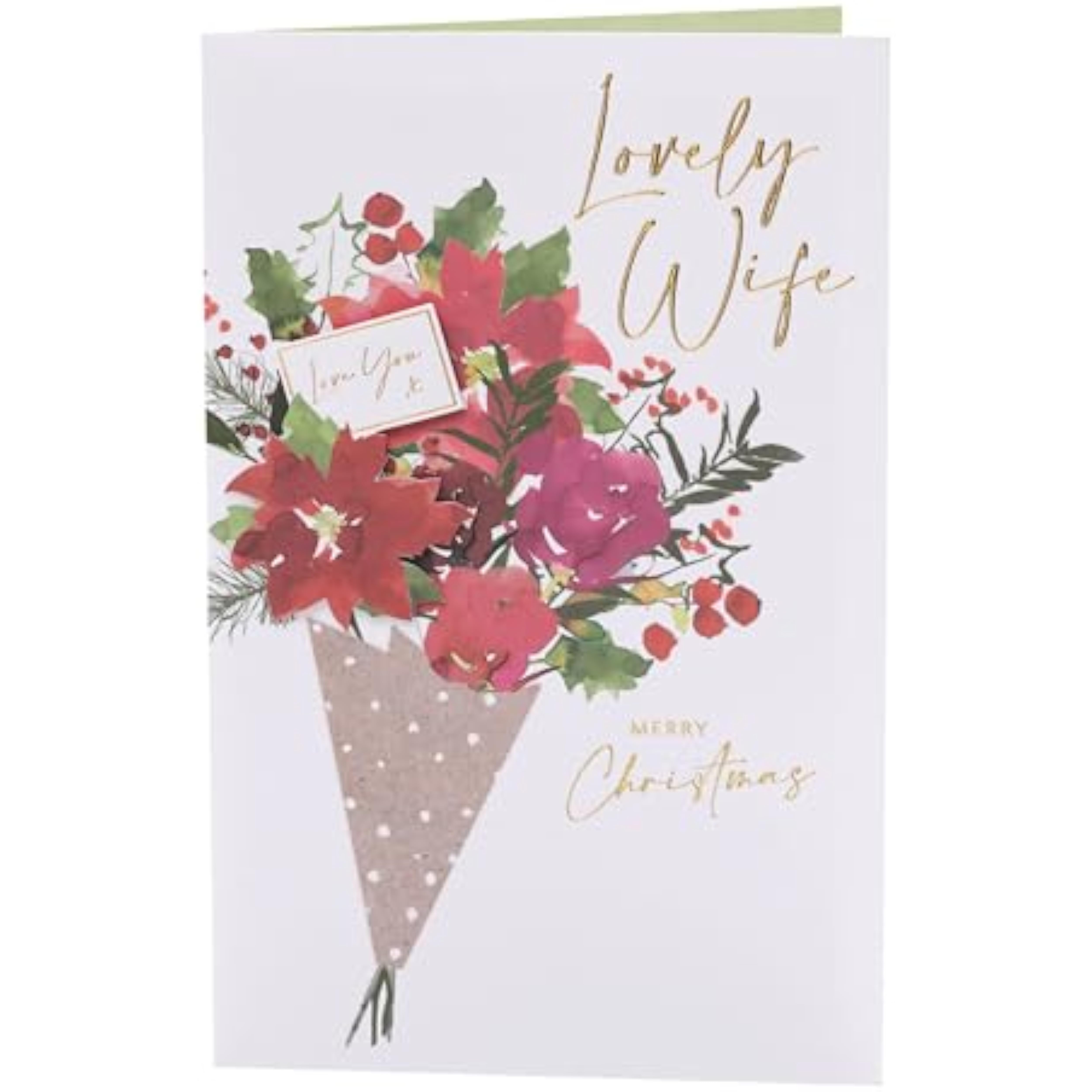 Romantic Christmas greeting card for wife with floral bouquet and gold foil design by UKG, featuring festive holiday imagery.