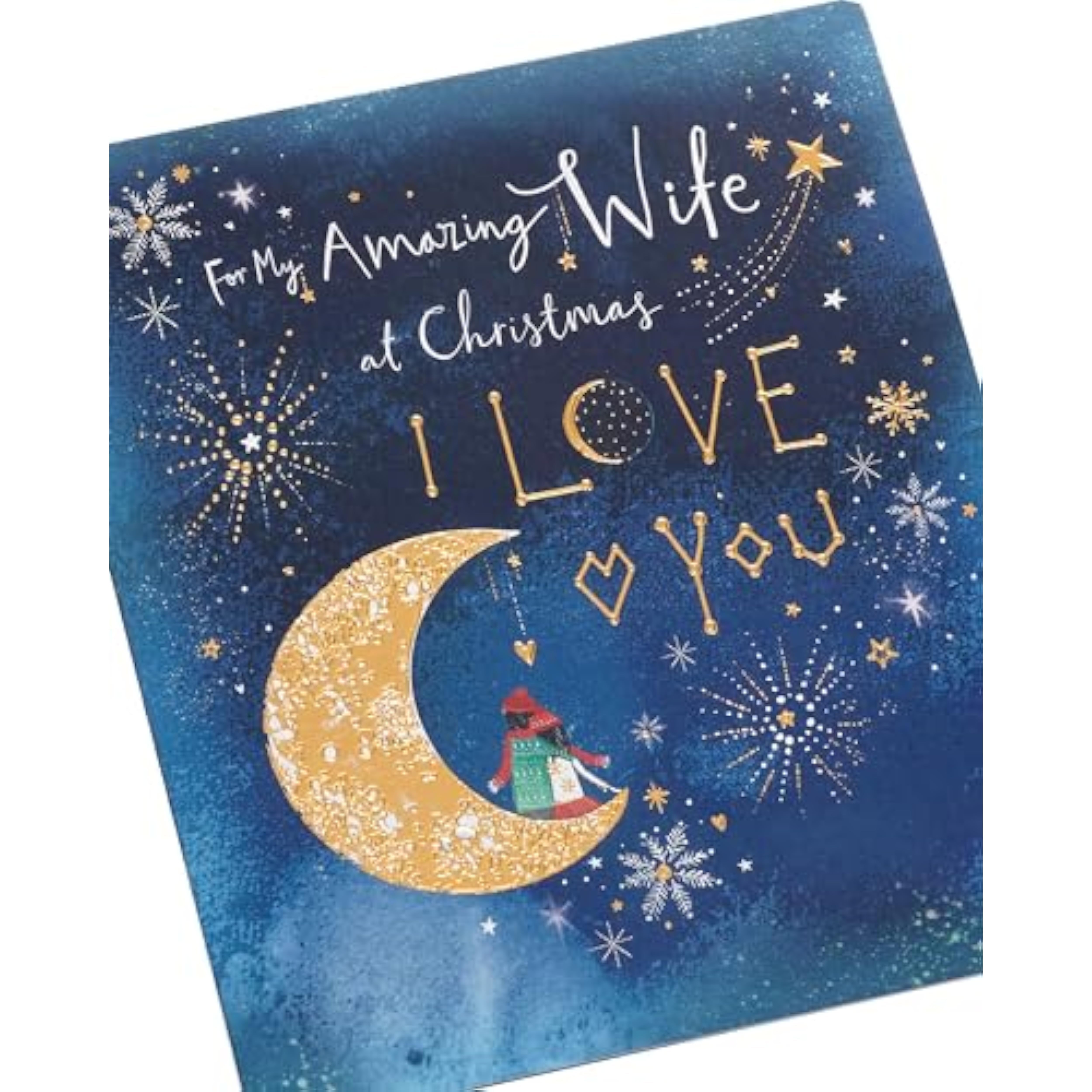 Romantic Christmas greeting card for wife featuring a moon design with gold foil accents, by UKG.