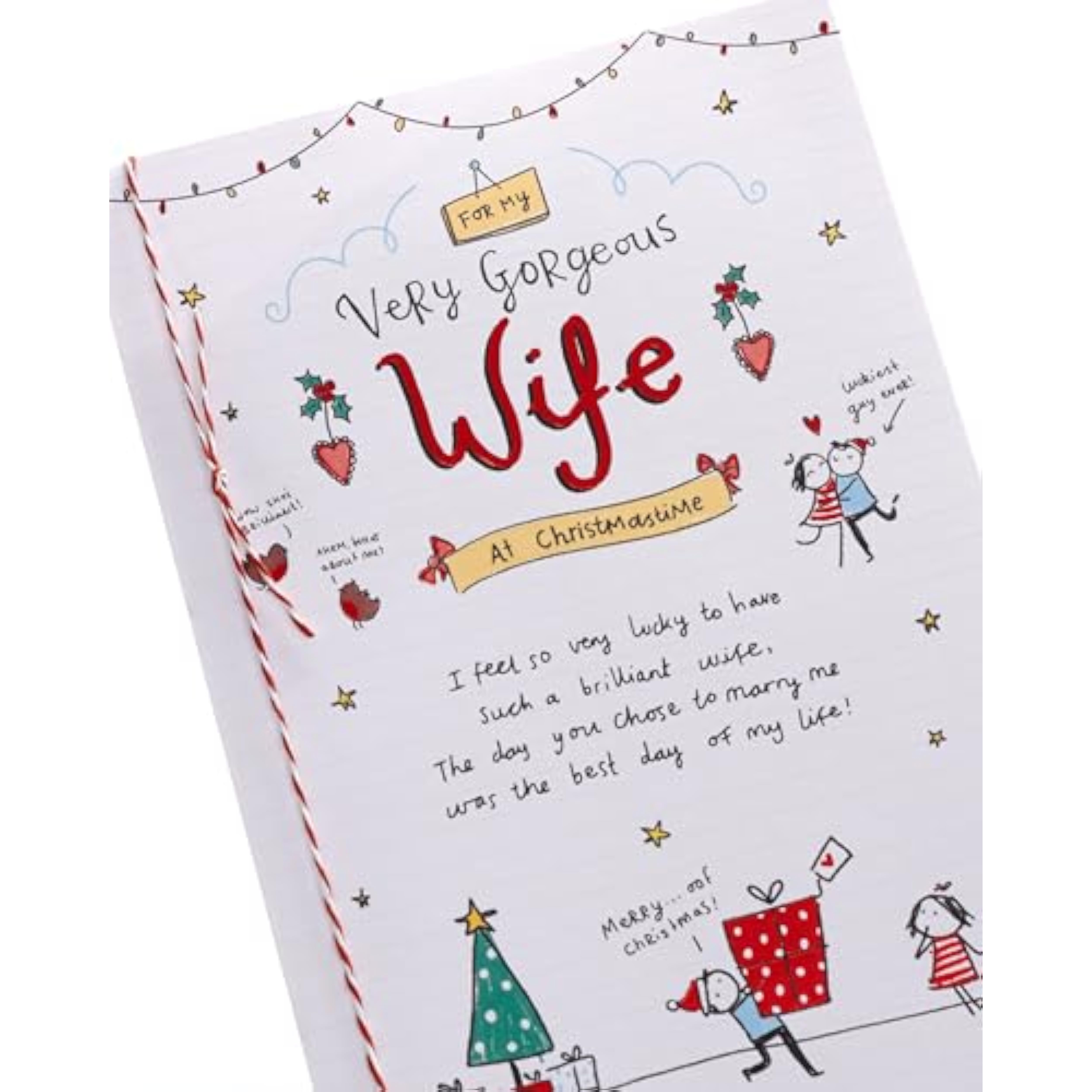 Christmas greeting card for wife with sketch design, rhyming verse, and red foil accents, by UKG.