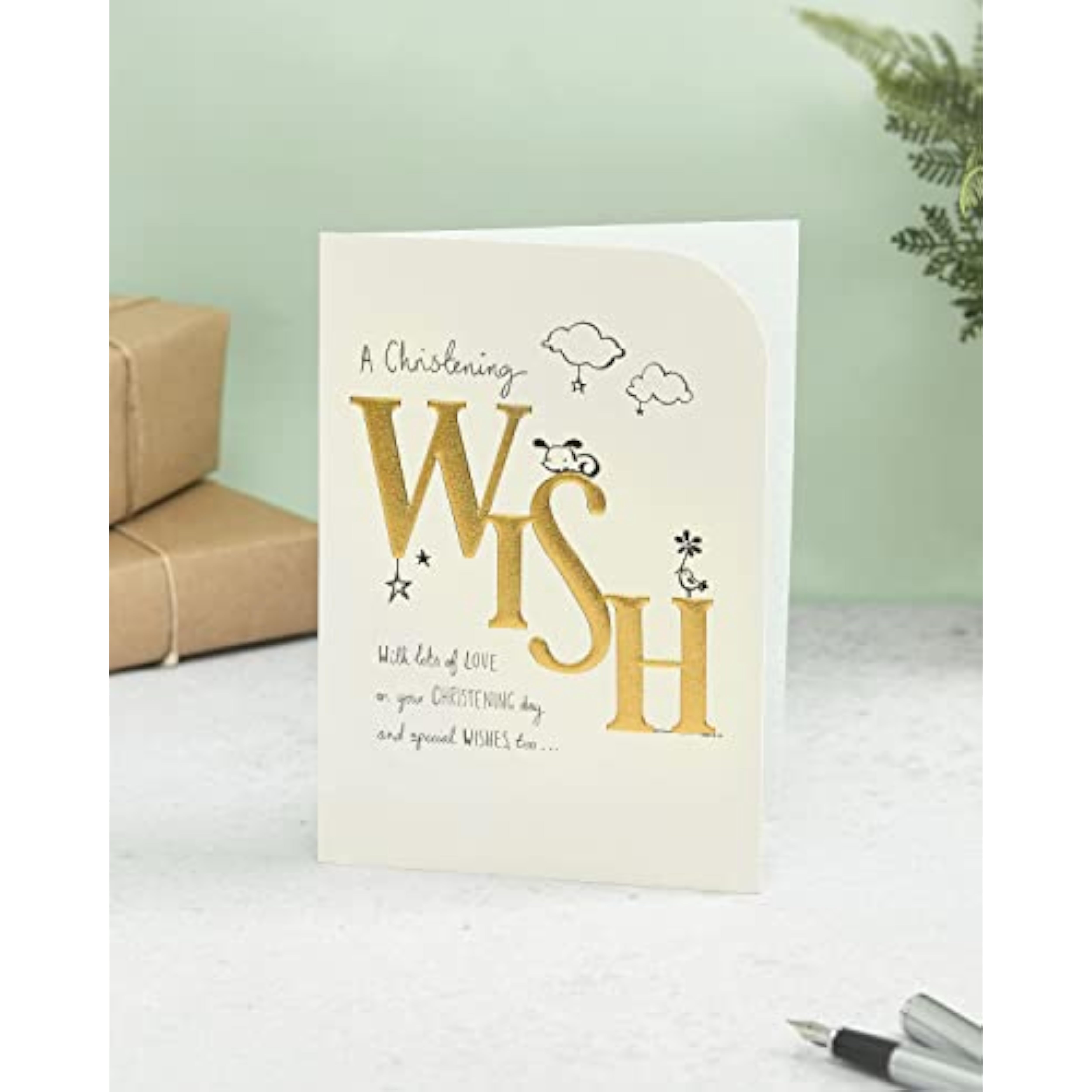UKG cute christening greeting card with gold accents and warm wishes, featuring a delicate design and soft pastel colors.