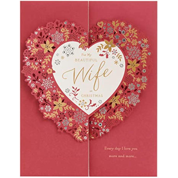 Elegant UKG floral love heart Christmas greeting card for wife, featuring heartfelt design and festive holiday imagery.