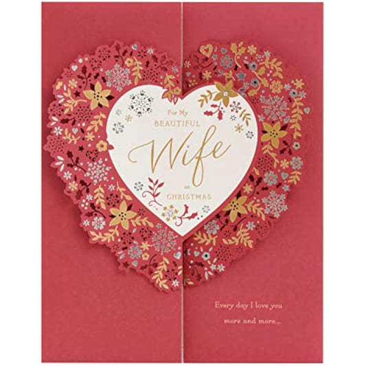 Elegant UKG floral love heart Christmas greeting card for wife, featuring heartfelt design and festive holiday imagery.