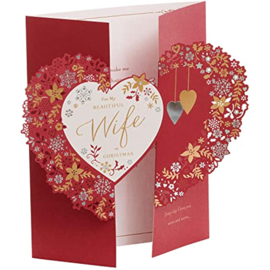 Elegant floral love heart Christmas greeting card for wife by UKG, featuring heartfelt floral design and festive holiday theme.