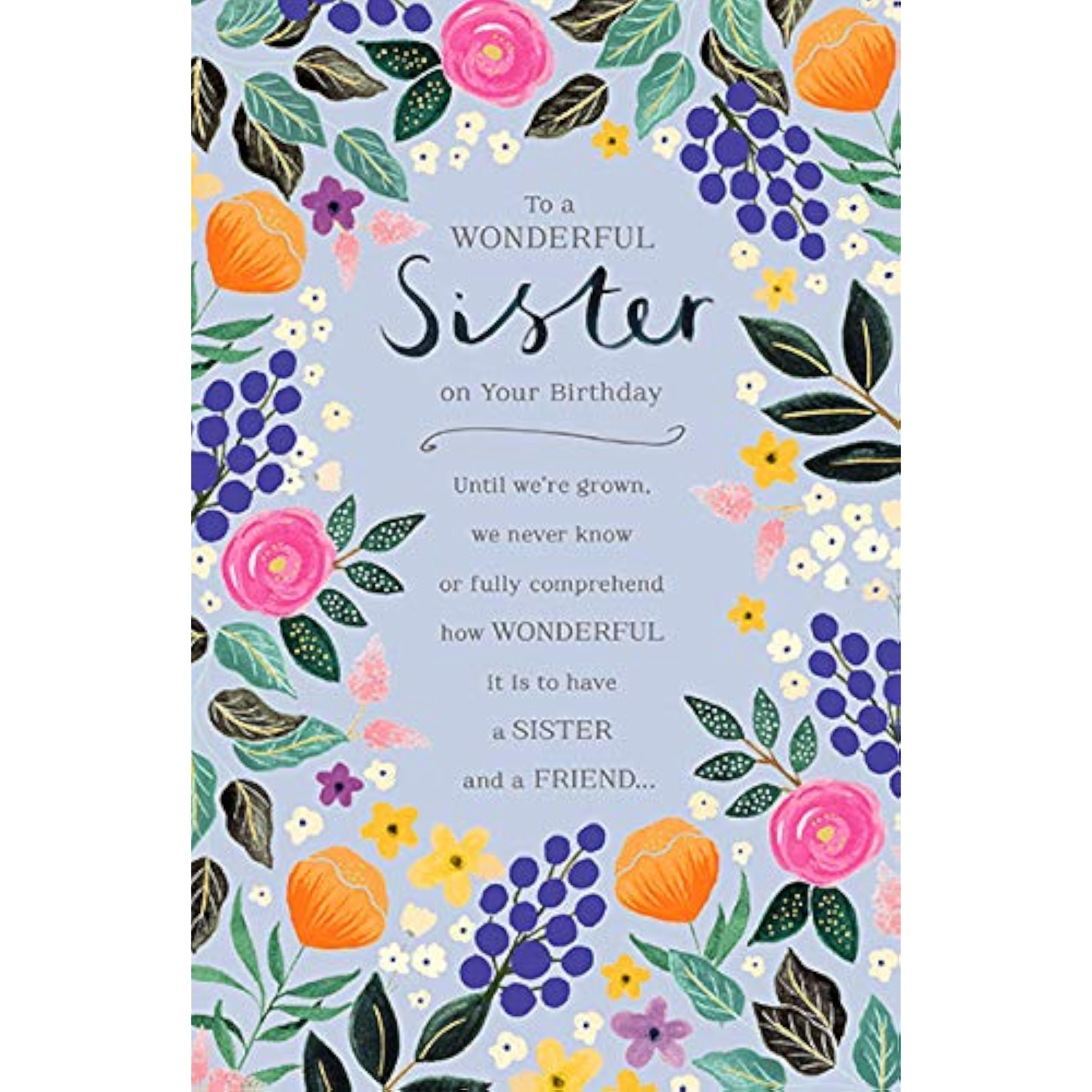 UKG floral sister birthday greeting card with loving message, featuring colorful flower illustrations and heartfelt design.