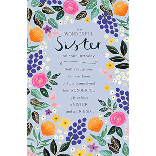 UKG floral sister birthday greeting card with loving message, featuring colorful flower illustrations and heartfelt design.