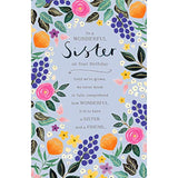 UKG floral sister birthday greeting card with loving message, featuring colorful flower illustrations and heartfelt design.