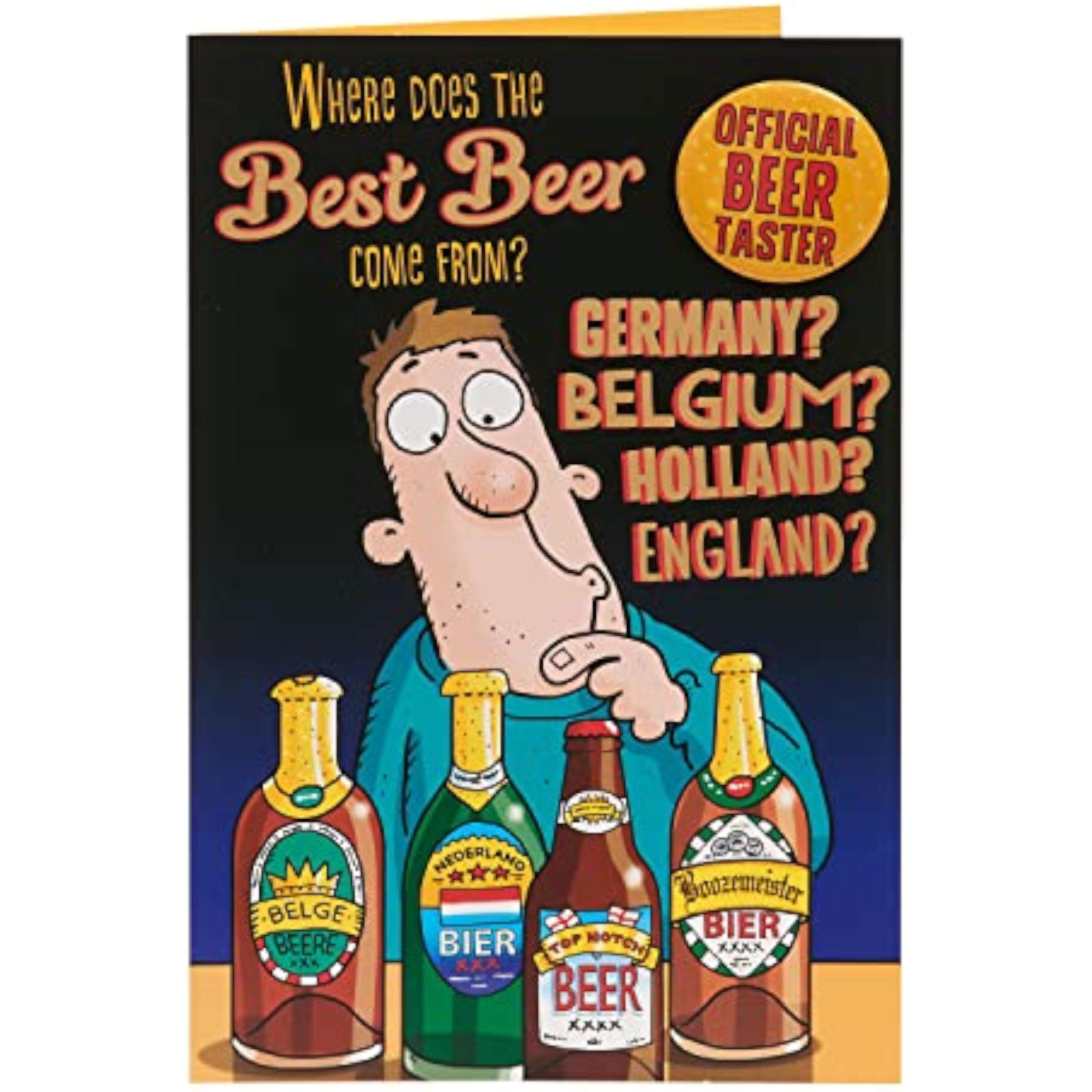 Funny birthday greeting card for him featuring beer illustrations, with envelope, by UKG, perfect for beer-loving friends.