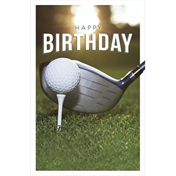 Golf birthday greeting card featuring a golf ball and club design, perfect for golf enthusiasts, by UKG.