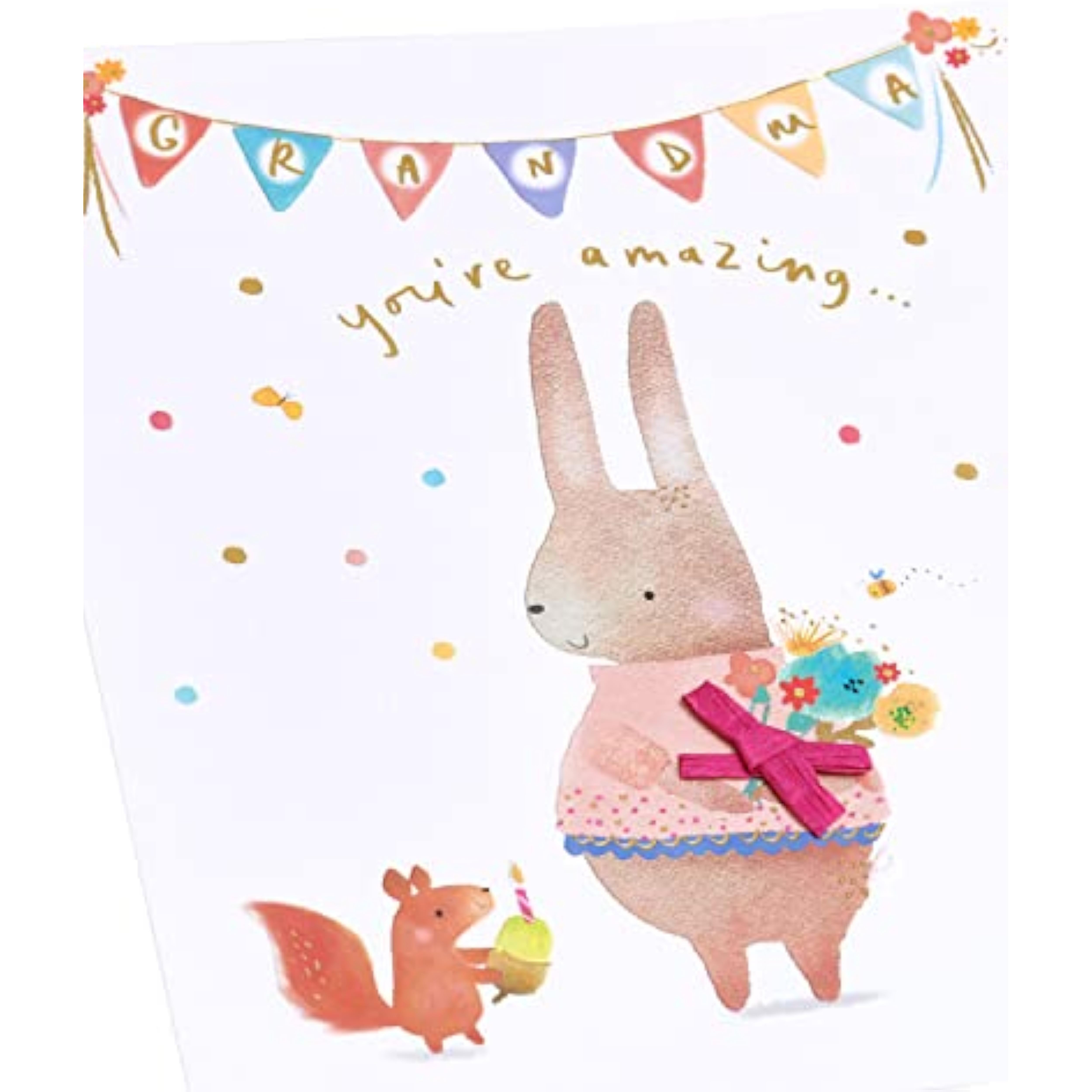 Cute rabbit design greeting card for grandma's birthday with gold foil accents, from UKG.