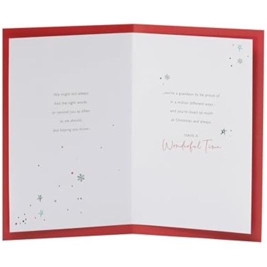 UKG Grandson Christmas greeting card featuring snowflakes and a festive present design, ideal for holiday wishes.
