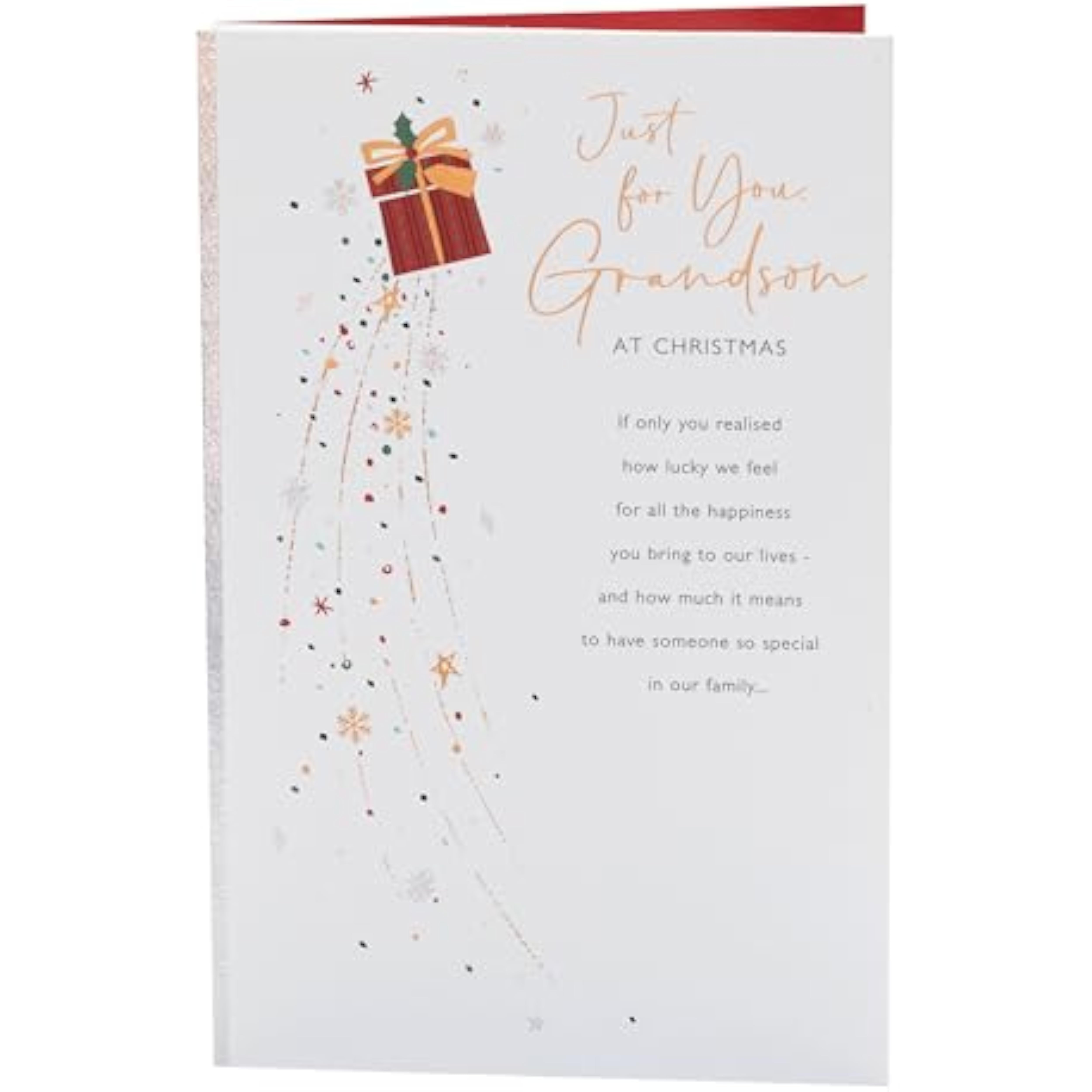 UKG Grandson Christmas greeting card featuring snowflakes and a festive present design on a cheerful holiday background