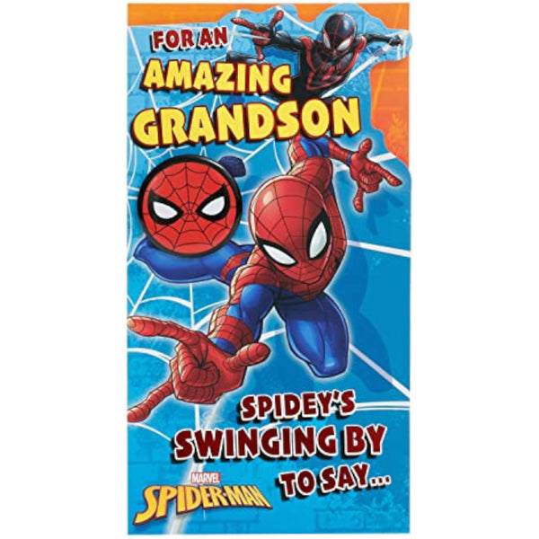 Marvel Spider-Man birthday greeting card for grandson by UKG, featuring an exciting Spider-Man design on the front.