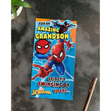 Marvel Spider-Man birthday greeting card for grandson, featuring an exciting Spider-Man design on the front.
