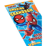 Marvel Spider-Man birthday greeting card for grandson by UKG featuring an exciting Spider-Man design and vibrant comic-style artwork.