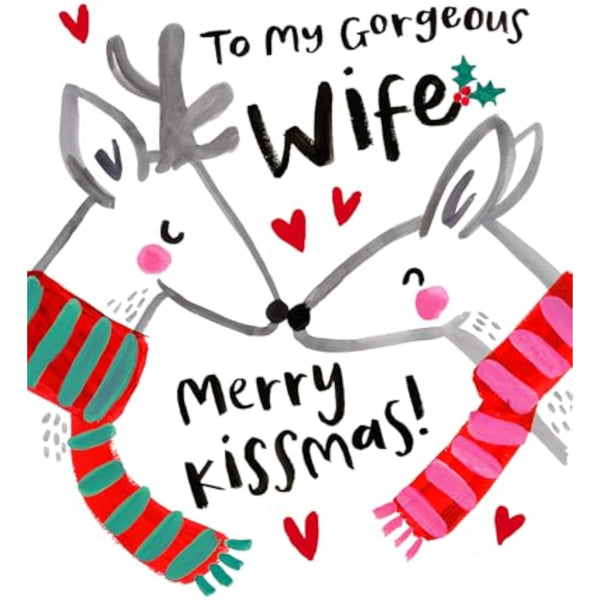 Merry Kissmas Reindeer Christmas greeting card for wife by UKG, featuring festive reindeer design and holiday message.
