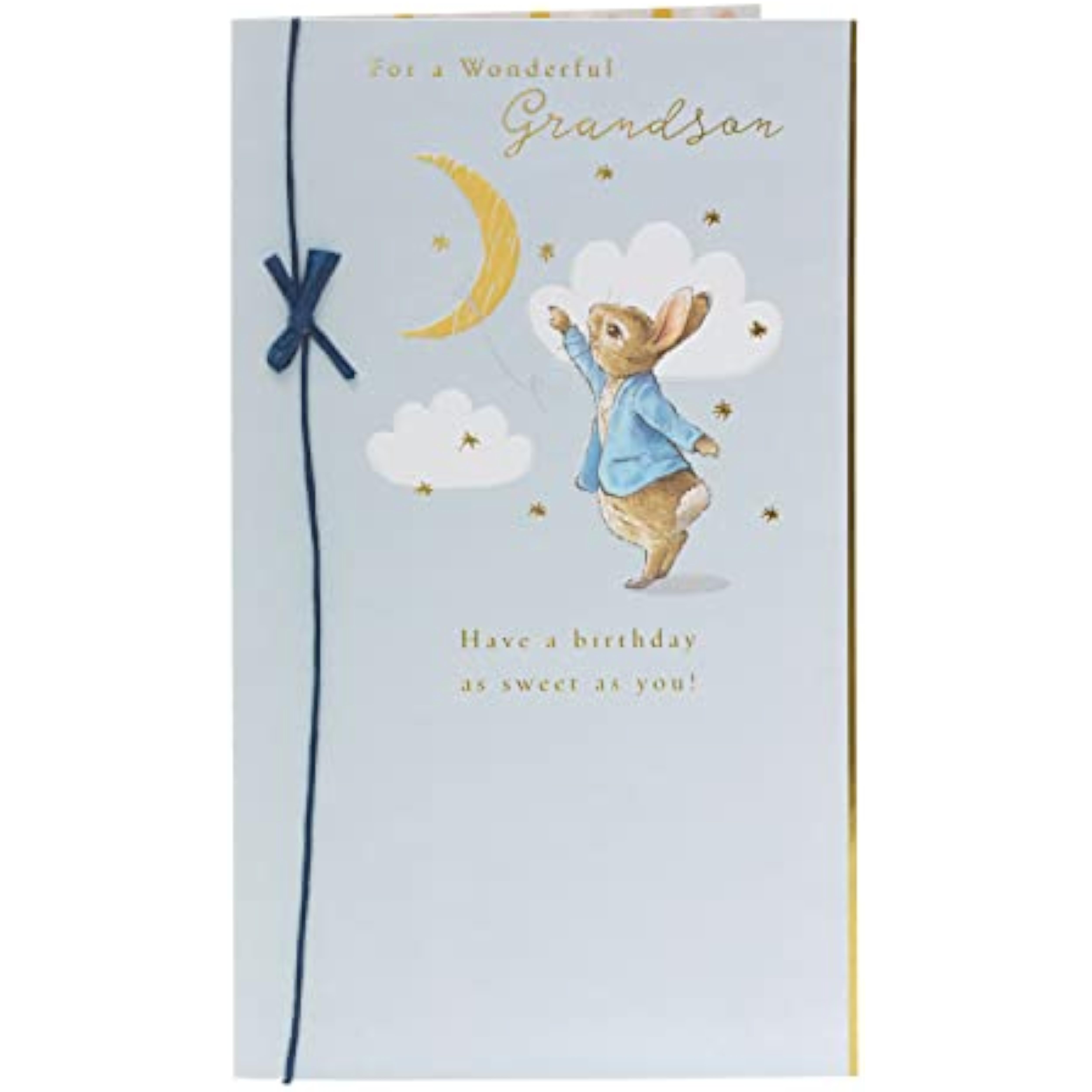 Peter Rabbit birthday greeting card for grandson with blue bow, featuring charming illustration and UKG branding.
