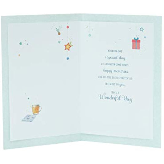 UKG sweet birthday greeting card for dad with heartfelt wishes and colorful heart illustrations on the front.