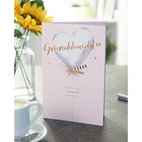 UKG birthday greeting card for granddaughter with silver balloon design, featuring colorful balloons and festive lettering.