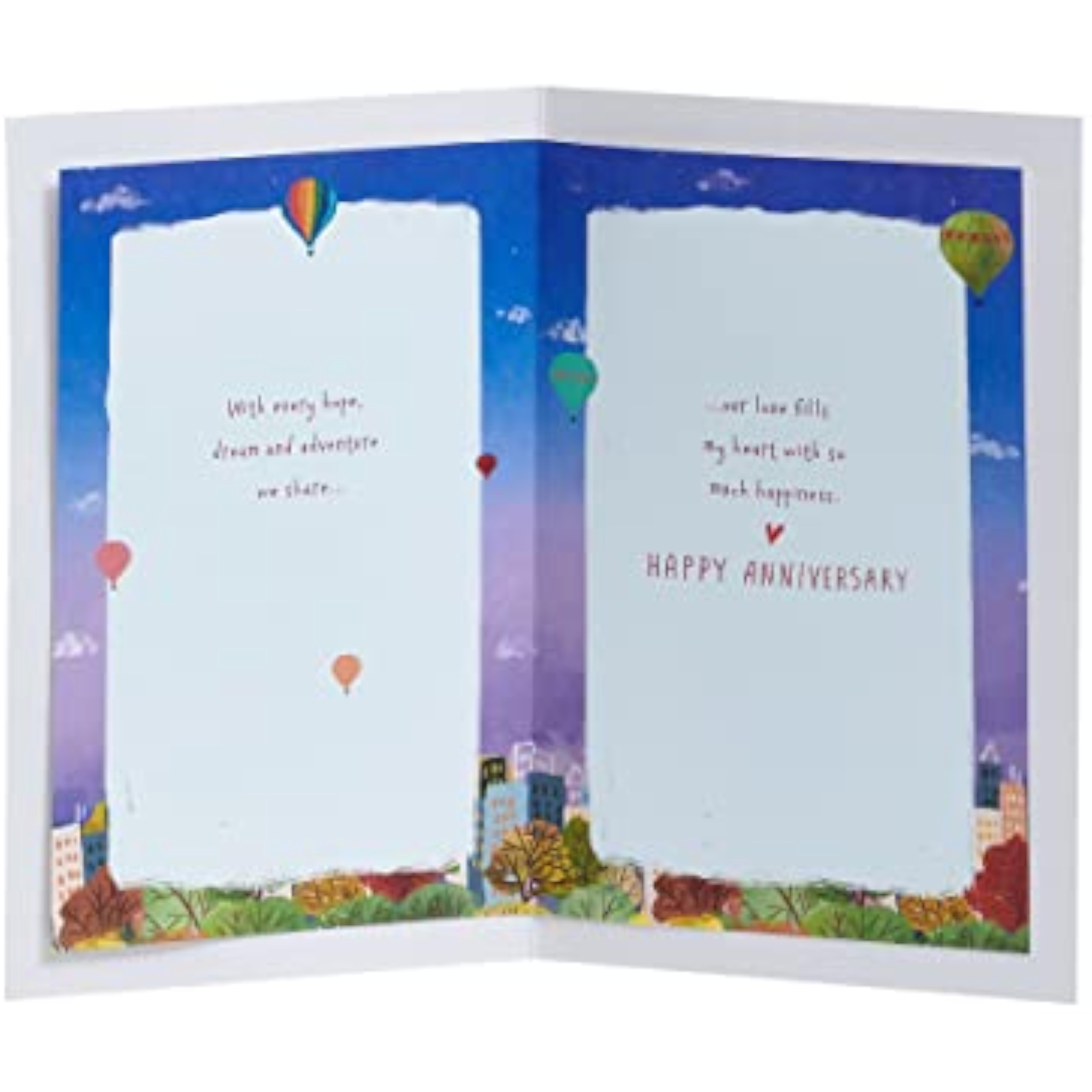 Colorful hot air balloon design UKG anniversary greeting card for husband with envelope, featuring vibrant, cheerful imagery.