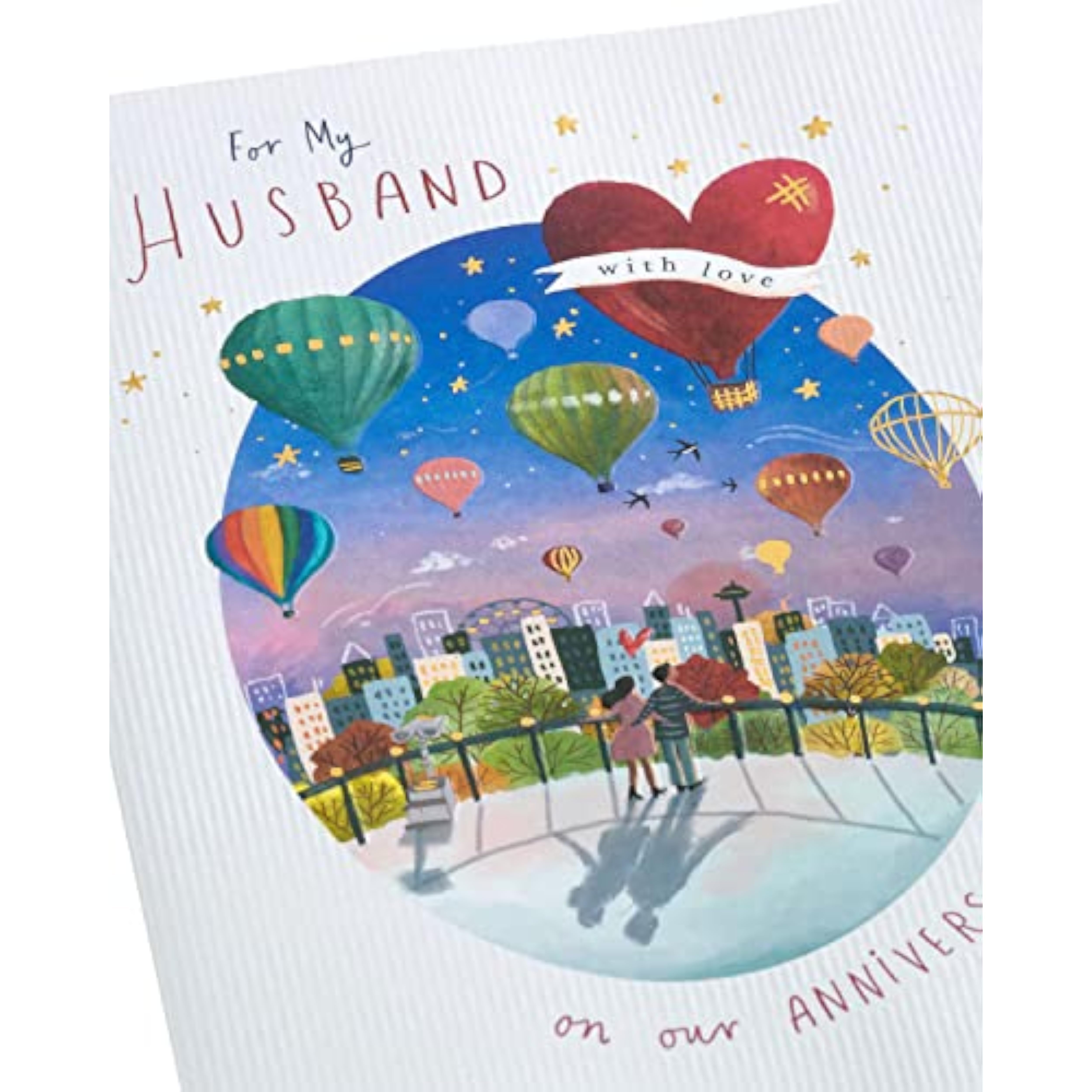 Colorful hot air balloon design UKG anniversary greeting card for husband with envelope, featuring vibrant and cheerful imagery.