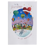 Colorful hot air balloon anniversary greeting card for husband by UKG with envelope, featuring vibrant design and cheerful imagery.