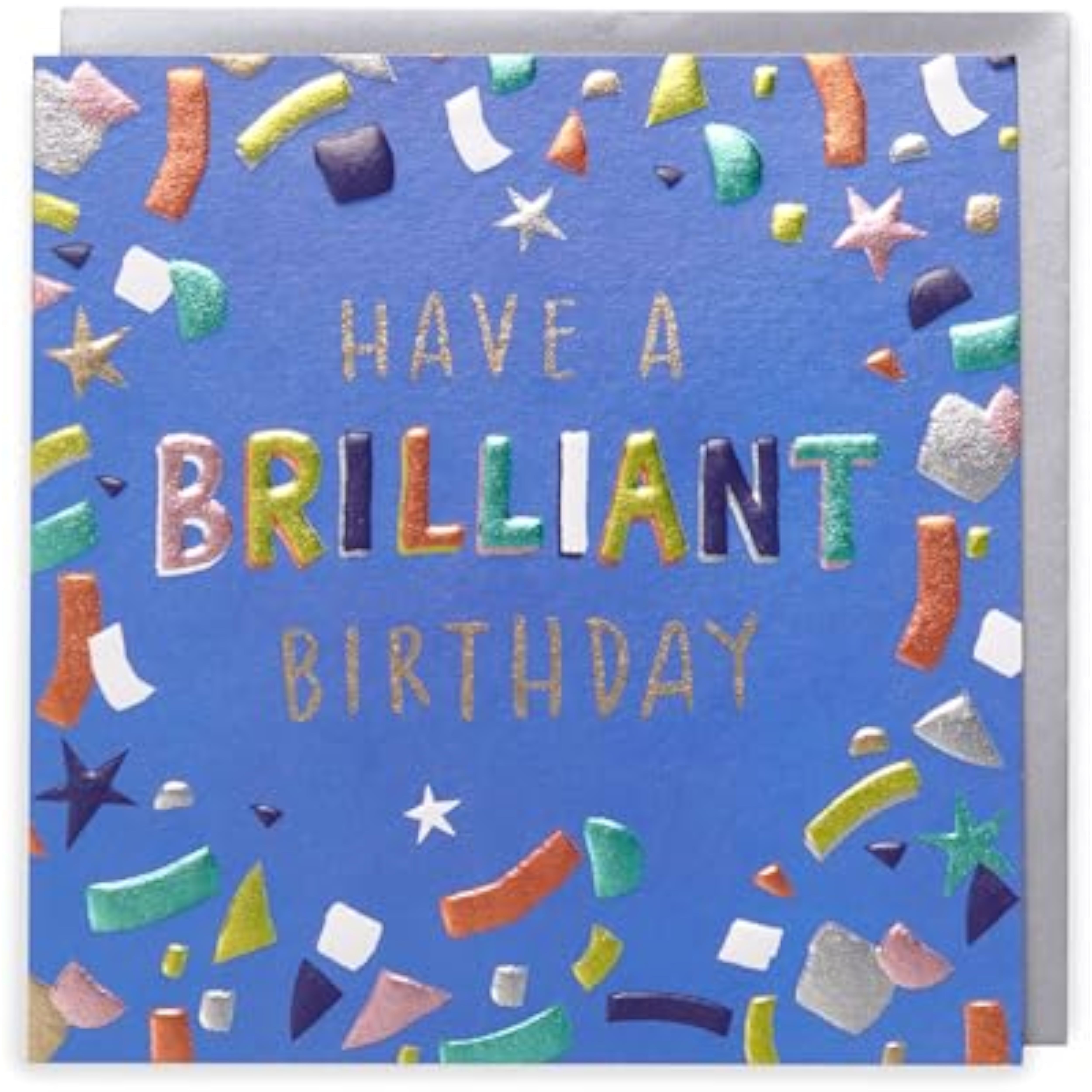 UKG Kindred birthday greeting card with colorful confetti design, featuring cheerful "Have A Brilliant Birthday" message.
