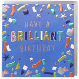 UKG Kindred birthday greeting card with colorful confetti design, featuring cheerful "Have A Brilliant Birthday" message.