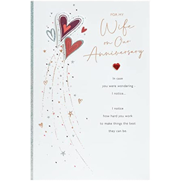 UKG wife anniversary greeting card with red hearts design and envelope, featuring romantic message for special occasion.