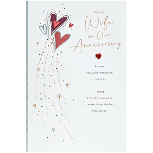 UKG wife anniversary greeting card with red hearts design and envelope, featuring romantic message for special occasion.