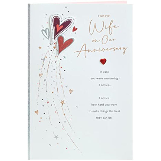 UKG wife anniversary greeting card with red hearts design and matching envelope, perfect for celebrating love and special occasions