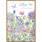 Watercolour Purple Flowers & Butterflies with Foil Details Lovely Mum Birthday Card