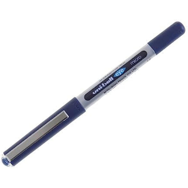 Set of three uni-ball EYE UB-150 blue micro 0.5mm rollerball pens with smooth ink flow and sleek design.