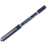 Set of three uni-ball EYE UB-150 blue micro 0.5mm rollerball pens with smooth ink flow and sleek design.