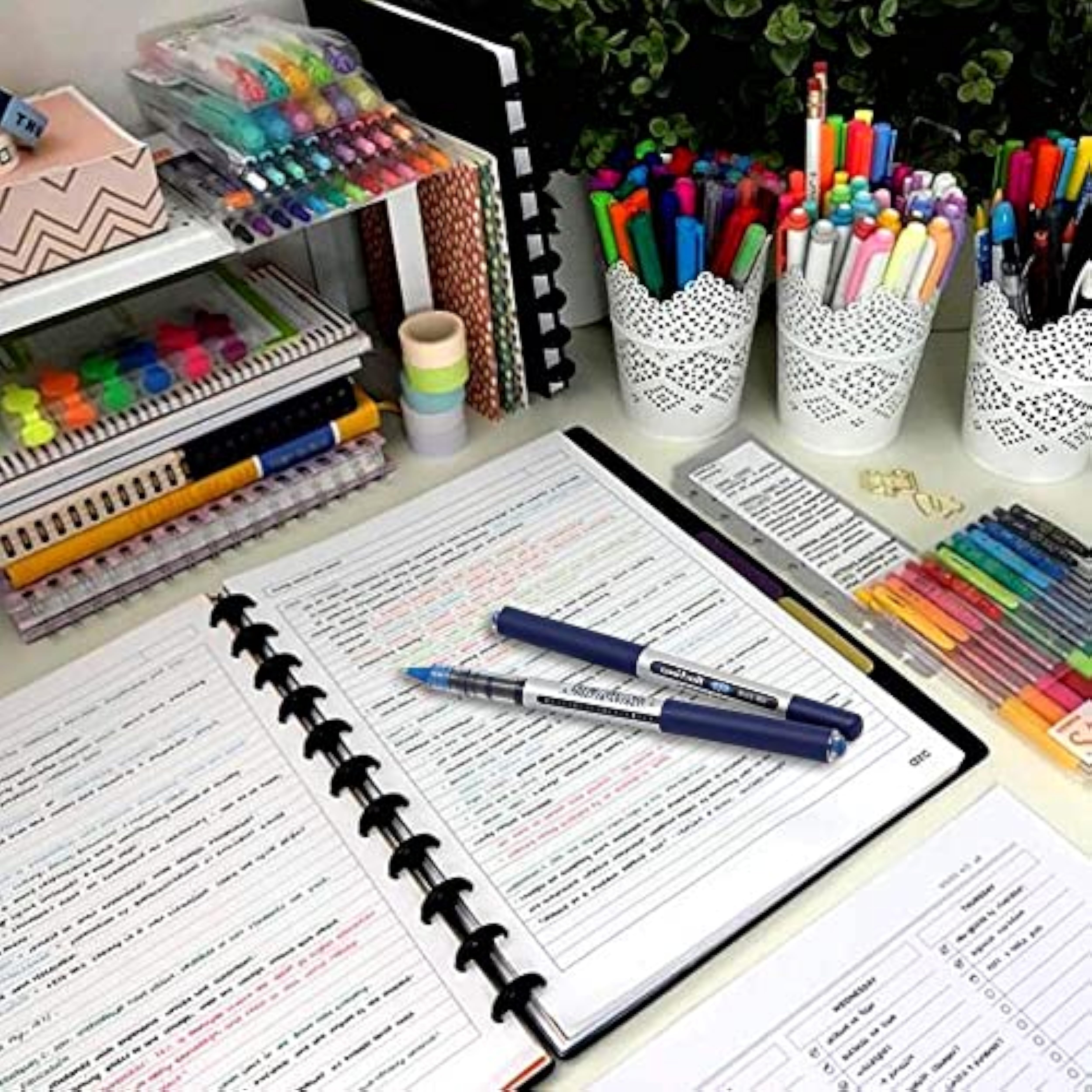 Set of three uni-ball EYE UB-150 blue rollerball pens with 0.5mm micro tip, featuring sleek design and blue ink.