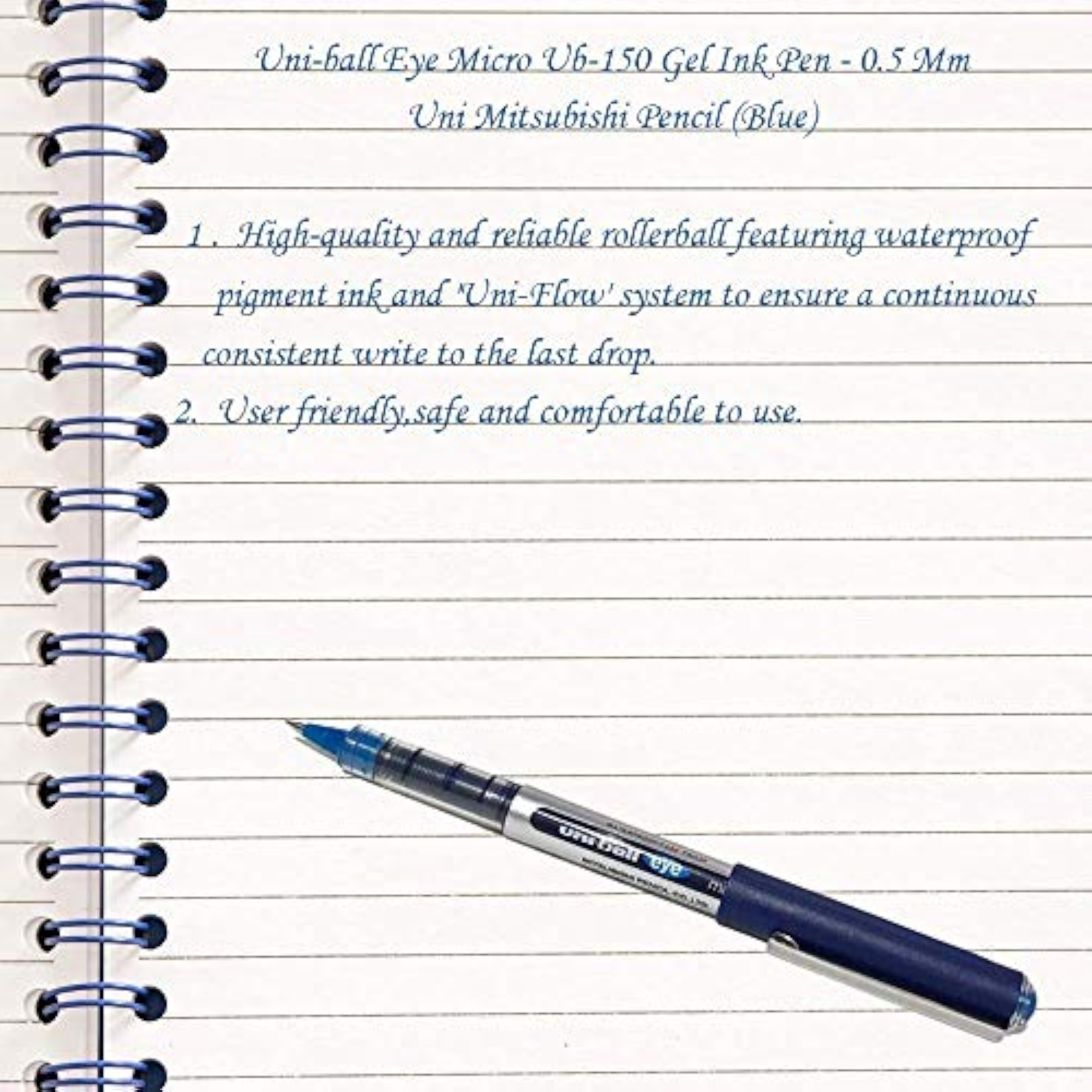Set of three uni-ball EYE UB-150 blue rollerball pens with 0.5mm tips, featuring sleek design and smooth writing performance.