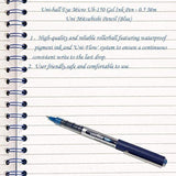 Set of three uni-ball EYE UB-150 blue rollerball pens with 0.5mm tips, featuring sleek design and smooth writing performance.