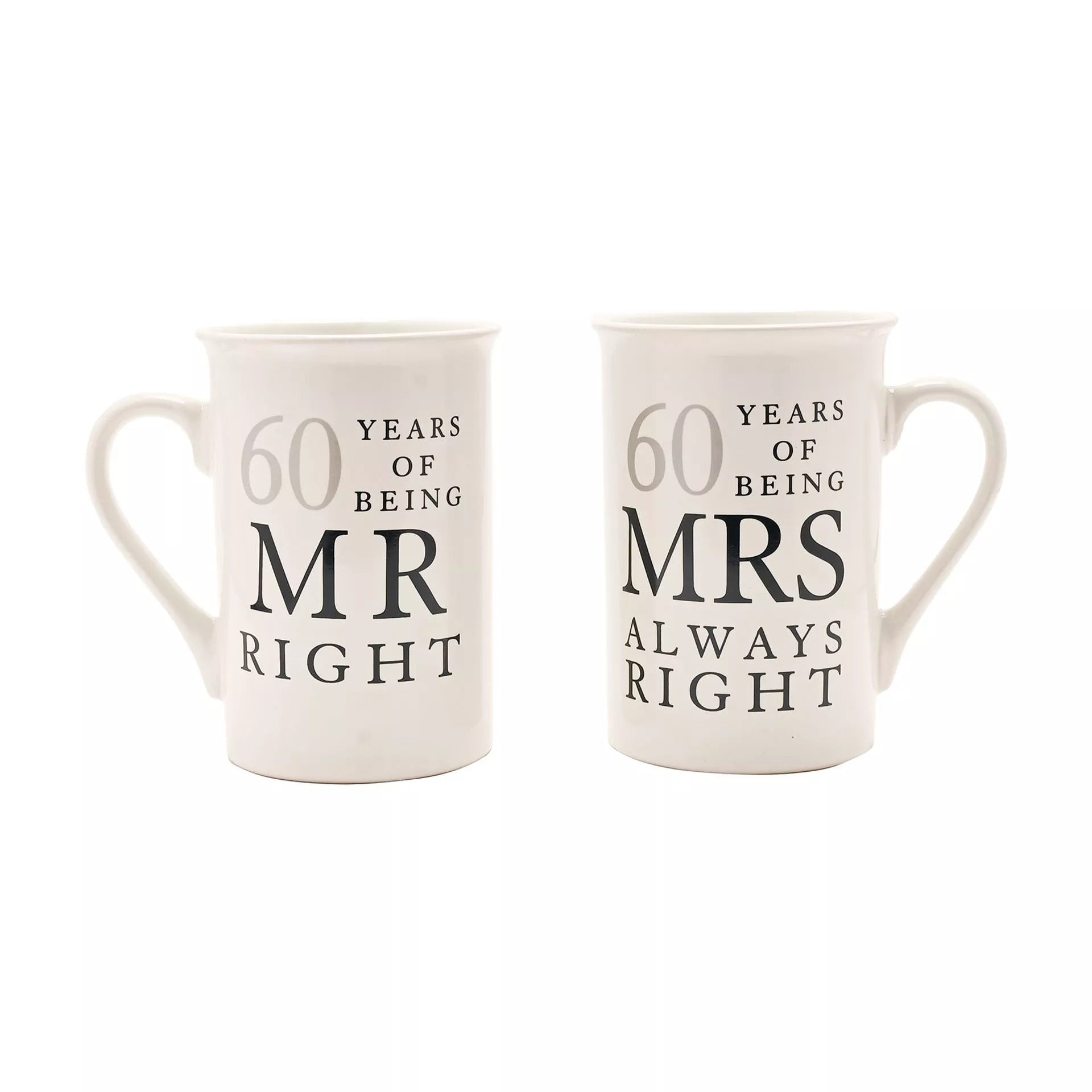 Widdop & Co Amore Gift Set of ceramic mugs celebrating 60 Years of Mr. Right and Mrs. Always Right, featuring humorous design.