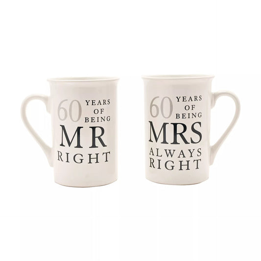 Widdop & Co Amore Gift Set of ceramic mugs celebrating 60 Years of Mr. Right and Mrs. Always Right, featuring humorous design.