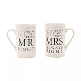 Widdop & Co Amore Gift Set of ceramic mugs celebrating 60 Years of Mr. Right and Mrs. Always Right, featuring humorous design.