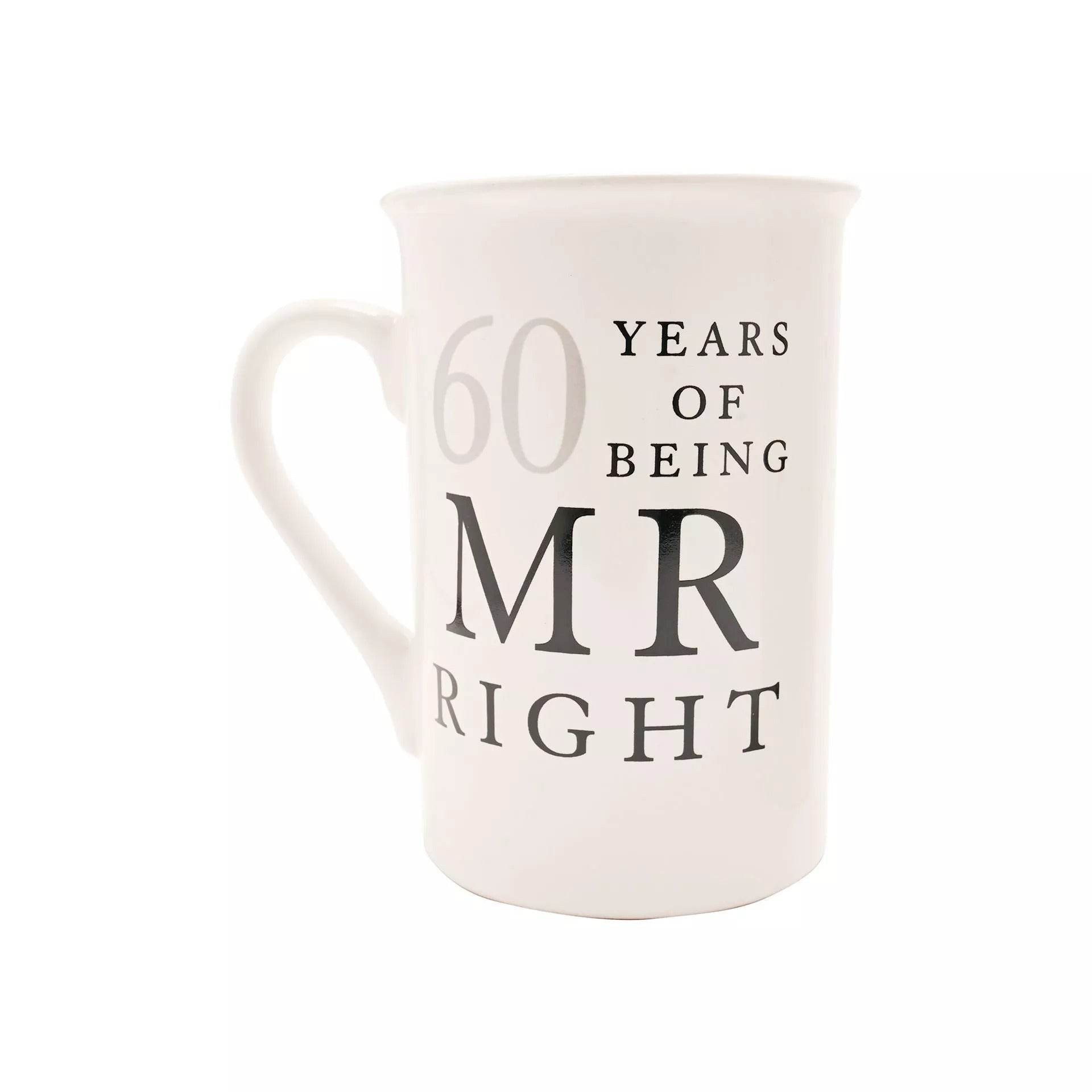 Pair of ceramic mugs from Widdop & Co Amore Gift Set, "Mr Right" and "Mrs Always Right" with heart designs.