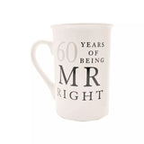 Pair of ceramic mugs from Widdop & Co Amore Gift Set, "Mr Right" and "Mrs Always Right" with heart designs.
