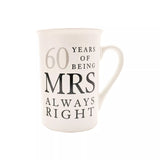 Pair of ceramic mugs from Widdop & Co's Amore Gift Set, featuring "Mr Right" and "Mrs Always Right" designs on white mugs.