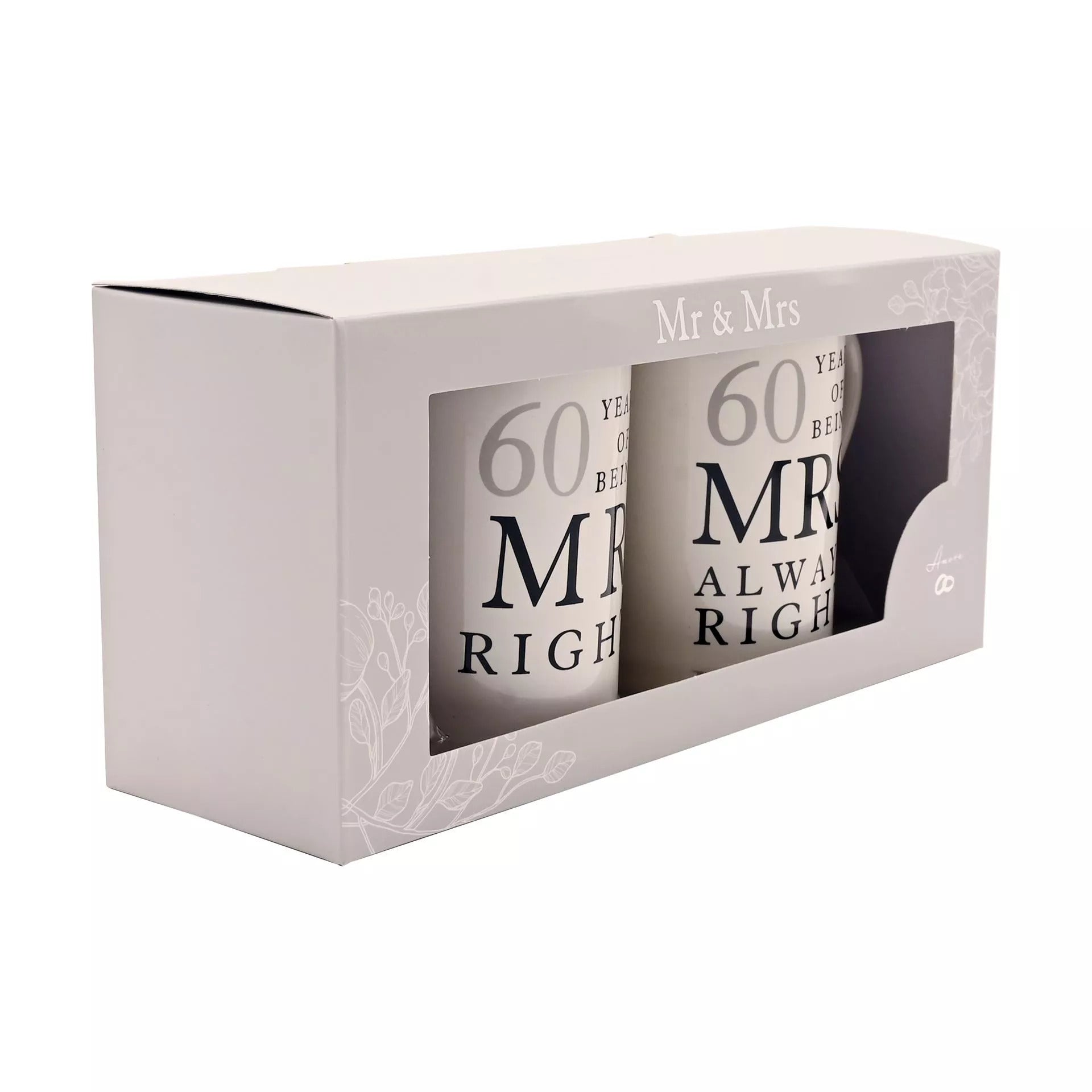 Pair of ceramic mugs from Widdop & Co's Amore Gift Set, celebrating 60 years of Mr. Right and Mrs. Always Right with humorous text.