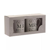 Widdop & Co Amore gift set with two ceramic mugs, "60 Years of Mr Right" and "Mrs Always Right" humor-themed coffee cups.