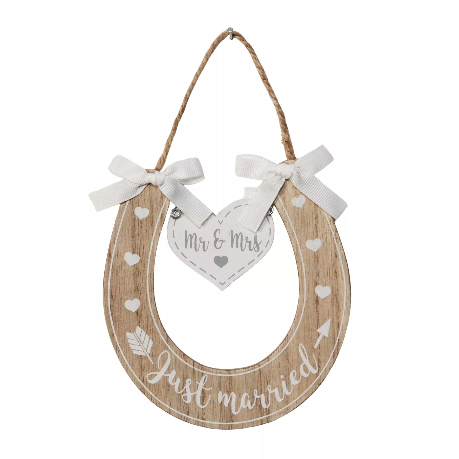 Love Story Horse Shoe decorative ornament from Widdop & Co, featuring a "Just Married" message for wedding celebrations.