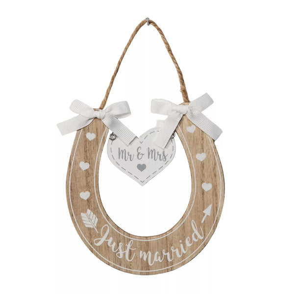 Love Story Horse Shoe decorative ornament from Widdop & Co, featuring a "Just Married" message for wedding celebrations.