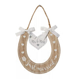 Love Story Horse Shoe decorative ornament from Widdop & Co, featuring a "Just Married" message for wedding celebrations.